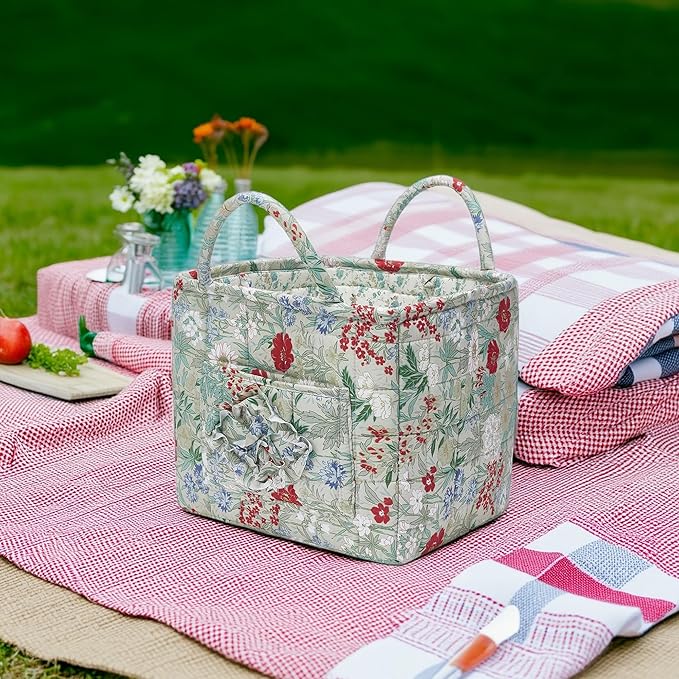 Quilted Fabric Storage Baskets with Handles, Boho Floral Gift Basket Foldable Organizer Bin for Home Decor, Picnic, Travel 12''x10''x10'' (Ivory)