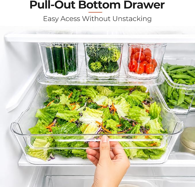 SMRCAD 8 Pack Refrigerator Organizers, Clear Pull-out Drawer Container and Organizer Bins with Lids, Stackable Storage Containers for Fruits, Vegetable (Set of 8 (Include Pull Out Drawer))