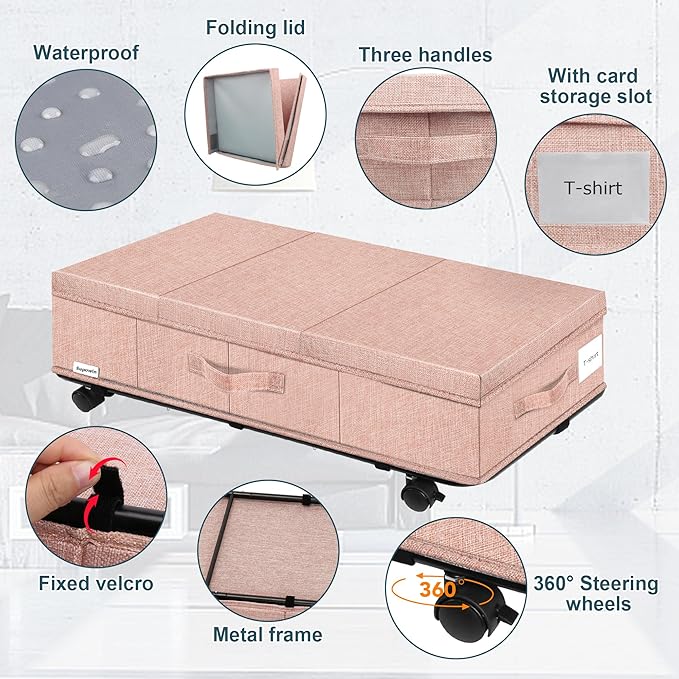 Supowin Under Bed Storage with Wheels, Rolling Underbed Storage Containers with Lids, Under Bed Shoe Storage Bins Organizer with Reinforced Metal Bottom Support and Three Handles