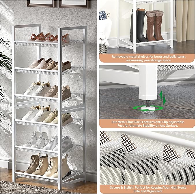 Stackable Shoe Rack, 6 Tier Metal Shoe Storage for 12-15 Pairs, Vertical Shoe Shelf for Small Space Front Door Entrance Closet Garage, White