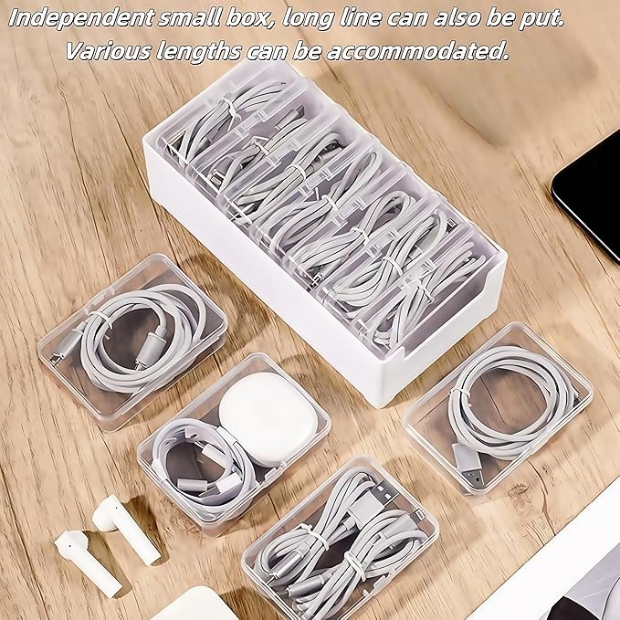 2 Pcs 11 Box Cable Organizer Storage Box, Desktop Cable Management with Switch, Power Cord Organizer for Office,Home,Desk Accessories Storage Stationery Supplies and Accessories（Clear）