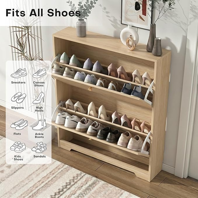 Shoe Cabinet with 2 Flip Drawers, Foyer Natural Oak with Hook