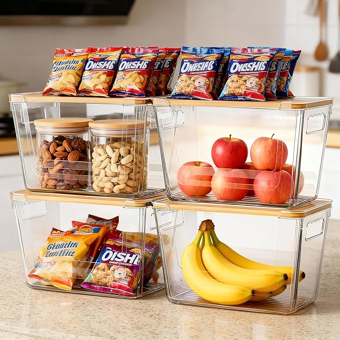4 Pack Clear Storage Bins with Bamboo Lid, Garbage Bag Dispenser, Pantry Organizers and Storage for Onion Potato, Under Sink Organizer for Kitchen Laundry Room