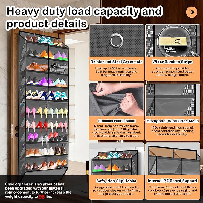 Kotkn 10-Tier Over the Door Shoe Organizer, 20 Pockets Holds 20-30 Pairs, Heavy-Duty Oxford Fabric with Hexagon Mesh for Boots & Sneakers-Dark Gray