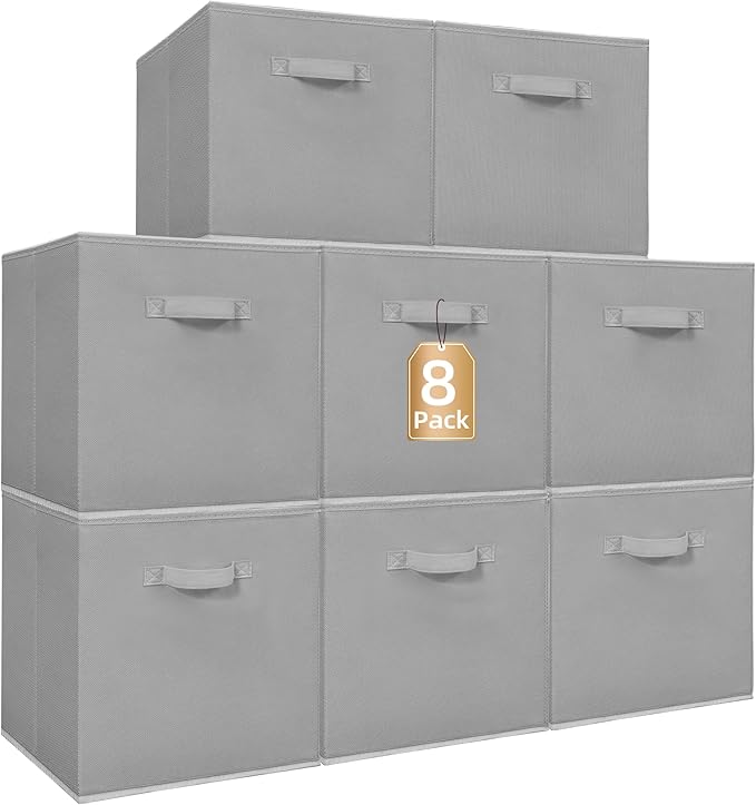 STORAGE MANIAC Storage Cubes, 13 Inch Collapsible Storage Bins with Handles, 8 Pack Fabric Foldable Bins for Organization, Durable Storage Bins for Closet, Shelves, Offices, Toys, 8-Pack Grey
