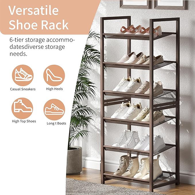 6 Tier Shoe Rack, Stackable Shoe Storage with Mesh Shelves, Holds 12-15 Pairs, Metal Shoe Organizer for Entryway Closet Garage, Bronze