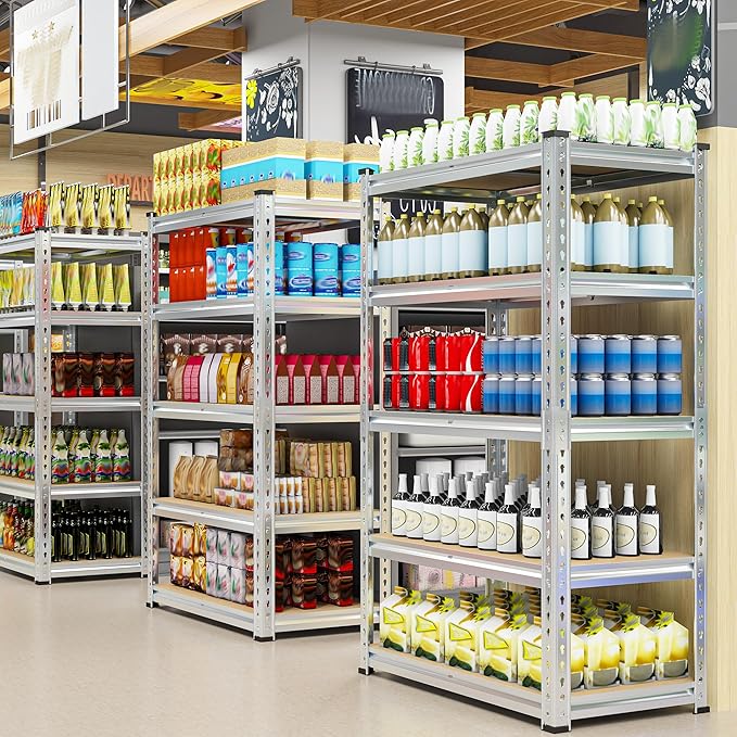 REIBII Garage Shelving, 5 Tier Storage Shelves Load 2400LBS, Adjustable Garage Shelves Heavy Duty, Metal Shelving Unit with Waterproof Columns for Warehouse, 35.5" W x 11.9" D x 72" H, Galvanized