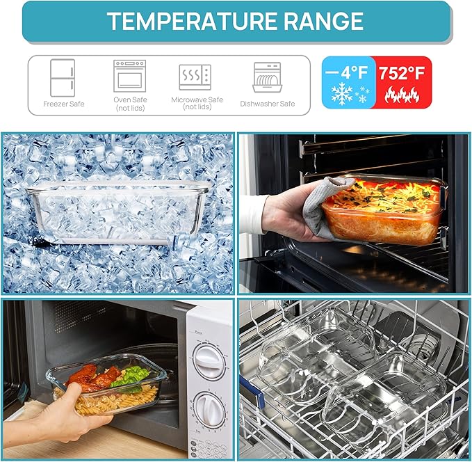 Vtopmart 2Pack 1860ml/63oz Large Glass Storage Containers with Lids, Meal Prep Food Container Set with Snap Airtight Lid for Baking, Microwave, Oven, Leak Proof, for Freezer, Dishwasher, Blue