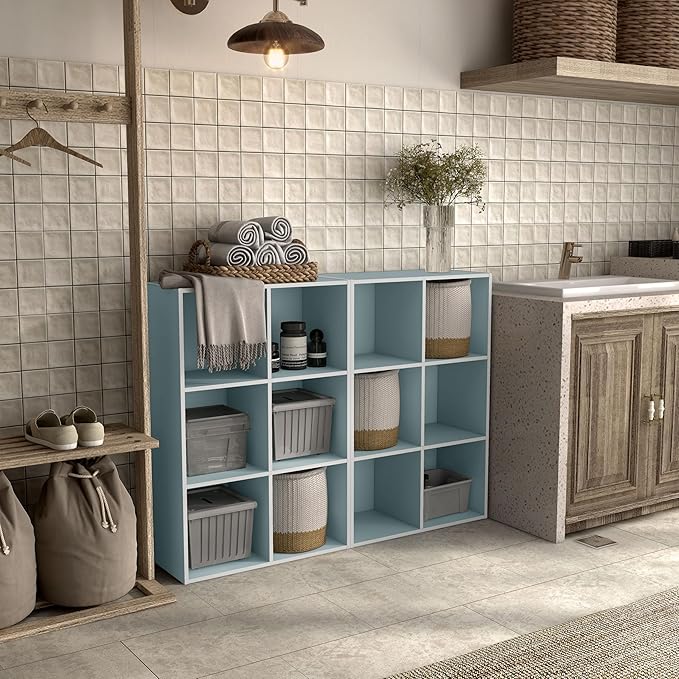 Homes: Inside + Out Apexa 6-Cube Storage Organizer Shelves, Stackable Wood Bookcase Fits Cubby Bins for Organization, Dorm Teen Room Decor & Home Office, Light Blue
