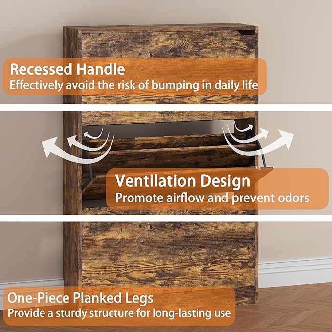 Shoe Storage Cabinet, Wood Shoe Organizer for Entryway with 3 Flip Drawers, Freestanding Shoe Rack w/h Adjustable Shelf,Narrow Shoe Dresser for Front Door Entrance(Brown, 47.2" x 31.5" x 9.25")