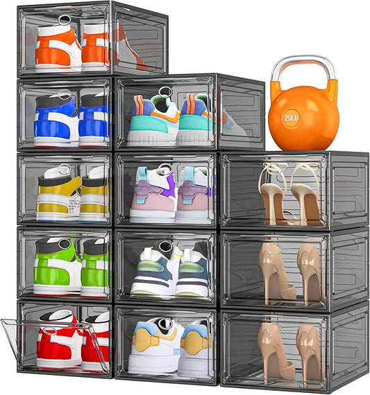 12 Pack Clear Shoe Storage Organizer with Magnetic Door, Black