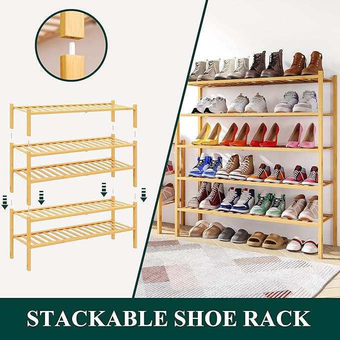 Long Bamboo Shoe Rack, 3 Tier Free Standing Wooden Shoe Organizer, Natural