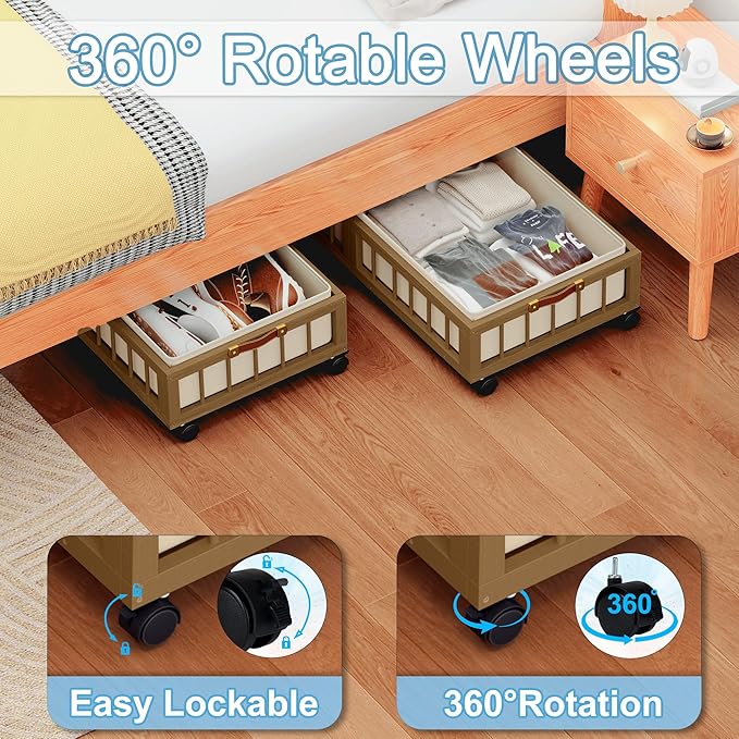 2-Pack Bamboo Under Bed Storage with Wheels, Brown