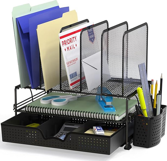 Simple Houseware Mesh Desk Organizer with Sliding Drawer, Black