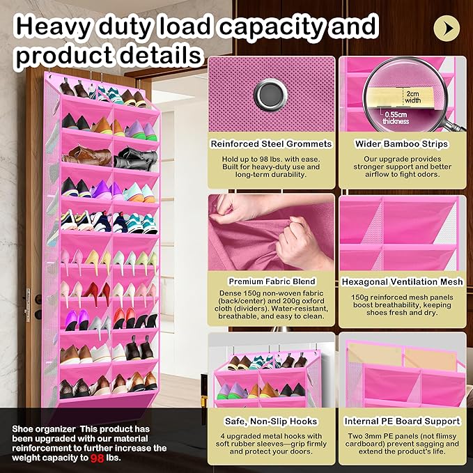 Kotkn 10-Tier Over the Door Shoe Organizer, 20 Pockets Holds 20-30 Pairs, Heavy-Duty Oxford Fabric with Hexagon Mesh for Boots & Sneakers- Pink