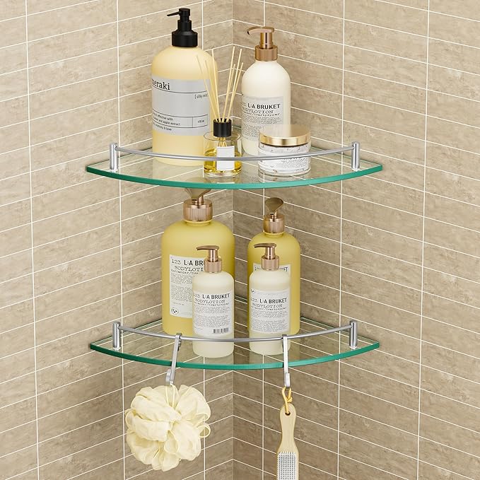 Glass Corner Shelf for Bathroom Corner Shelf 2 Pack Tempered Glass Shelf