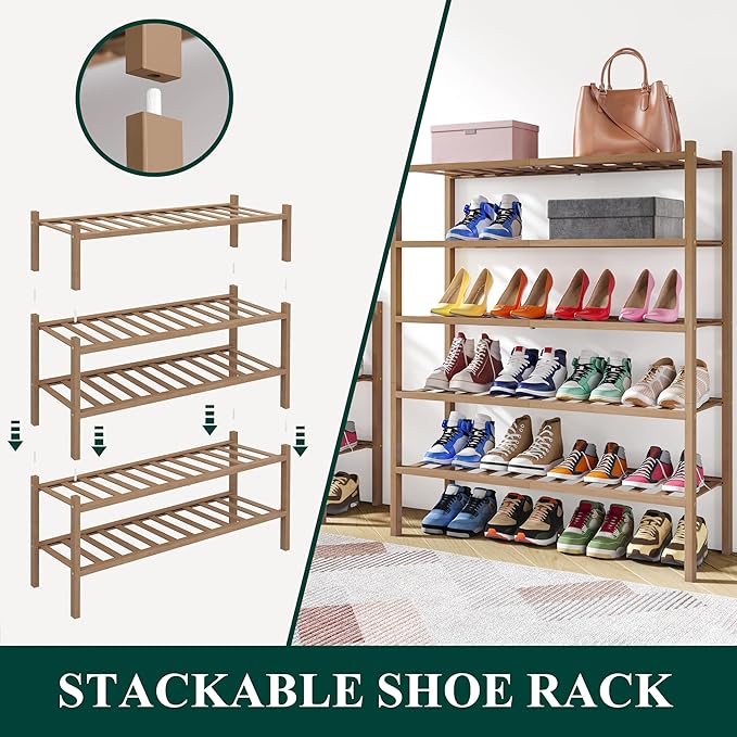 Smiry Bamboo Shoe Rack, 3 Tier Free Standing Wooden Shoe Organizer, Stackable Wood Shoe Storage Shelf for Closet, Entryway, 14 Vertical Slats, 2+1 Stack Heavy-Duty Legs, 26.8"x11"x19.5", Walnut