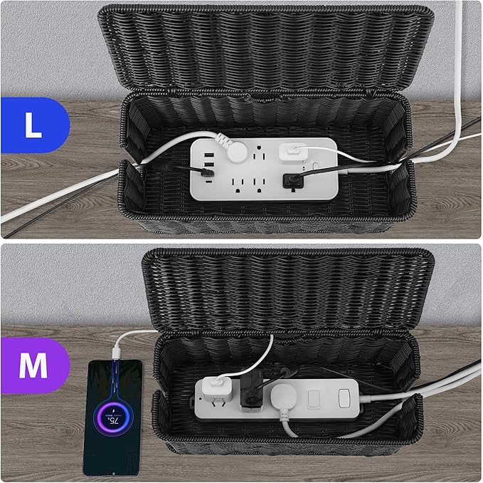 Large Cable Management Box, Handwoven Imitation Rattan Cord Organizer Cord Hider Box, Desk Cord Management Box to Hide Cords and Power Strips, 13.5" L x 6.2" W x 6" H, 1Pack Black
