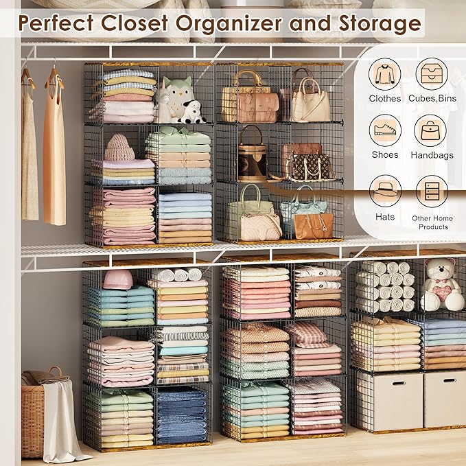 6-Cube Tall Closet Organizer Storage Wire Basket Shelf with Wood Top for Wardrobe Bedroom Closet Systeem, Stackable Sturdy Space-saving Clothing Shelves for Clothes, Sweaters, Pants, Handbags, Shoes