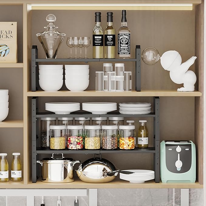 Jojocross Expandable Shelf for Cabinet Organizer Adjustable Stackable Spice Rack at Kitchen and Bathroom More, Counter Countertop Cupboard Organization Pantry Storage(3 Packs/Black, Medium)