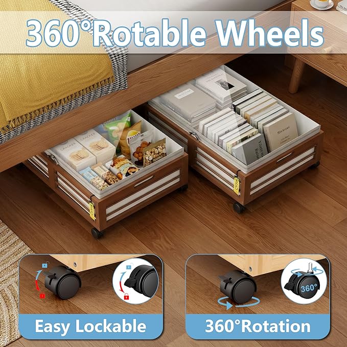 Under Bed Storage Containers with Wheels, Larger Bamboo Wood Under Furniture Storage Containers with Dust Bags，Rolling for Shoes Clothes