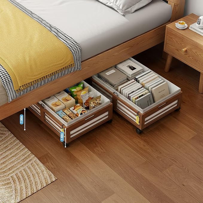 Under Bed Storage Containers with Wheels, Larger Bamboo Wood Under Furniture Storage Containers with Dust Bags，Rolling for Shoes Clothes