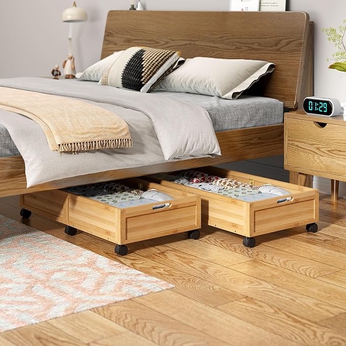 WISUCART Wood Under Bed Storage Containers Underbed Organizer with Wheels Sturdy Wood Rolling Under Bed Shoe Storage Organizer 2 Packs (Nature, Large)