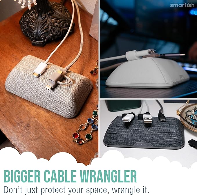 Smartish® Magnetic Cord Holder - Bigger Cable Wrangler Organizer with Magnet Clips for Charger Management on Desktop, Nightstand - Holds 6+ Cables - Snow Day White