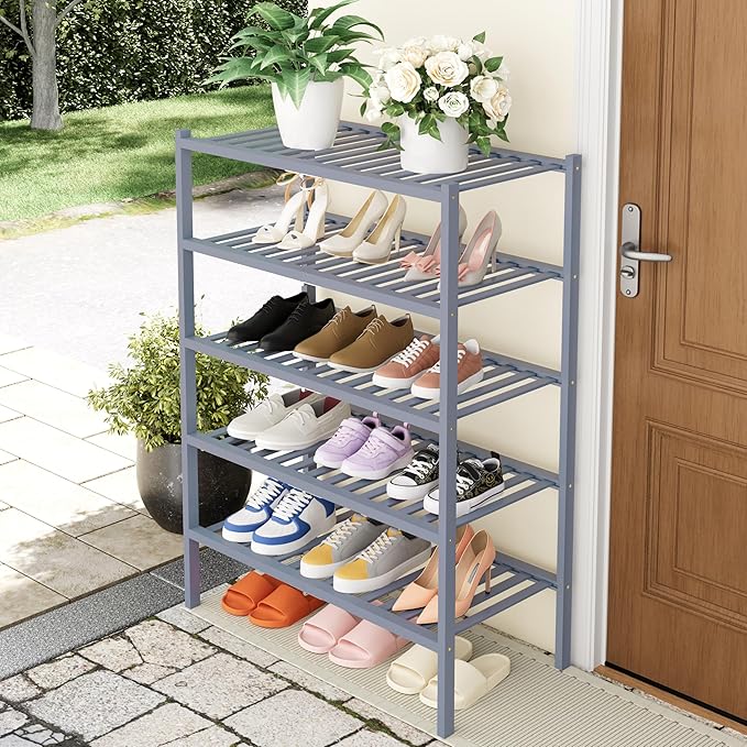 Smiry Bamboo Shoe Rack, 5 Tier Free Standing Wooden Shoe Organizer, Stackable Wood Shoe Storage Shelf for Closet, Entryway, 14 Vertical Slats, 2+2+1 Stack Heavy-Duty Legs, 26.8"x11"x32.5", Grey
