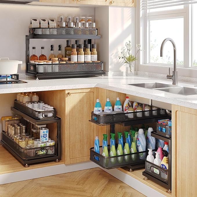 2-Pack 21.3 IN Depth Under Sink Organizer With Next-Gen Ball-Bearing Slides,Sophisticated Mesh 2-Tier Pull Out Shelf for Kitchen & Bathroom,Fits Small Items-Gun Gray
