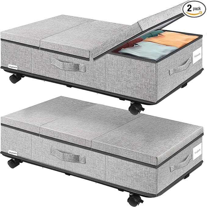 Supowin Under Bed Storage with Wheels, Rolling Underbed Storage Containers with Lids, Under Bed Shoe Storage Bins Organizer with Reinforced Metal Bottom Support and Three Handles