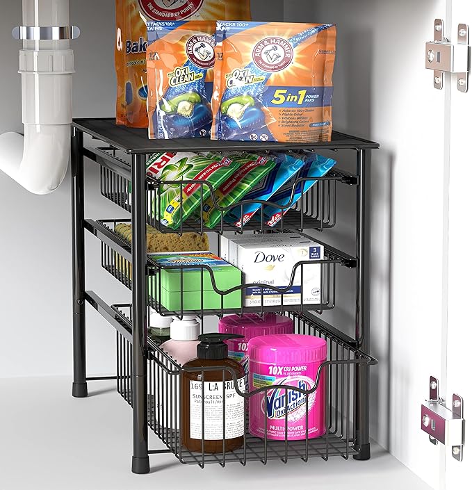 Simple Houseware Stackable 3 Tier Sliding Basket Organizer Drawer, Black