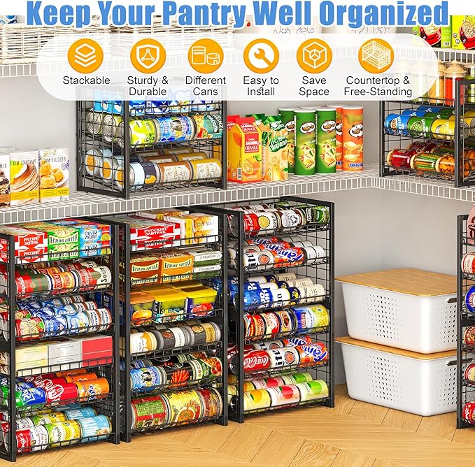 X-cosrack 2 Packs 3 Tier Sturdy Stackable Can Organizer for Pantry, Adjustable Pantry Organizer and Storage for Canned Food Can Goods, Kitchen Can Dispenser Storage Holder for Soda Drinks Snacks