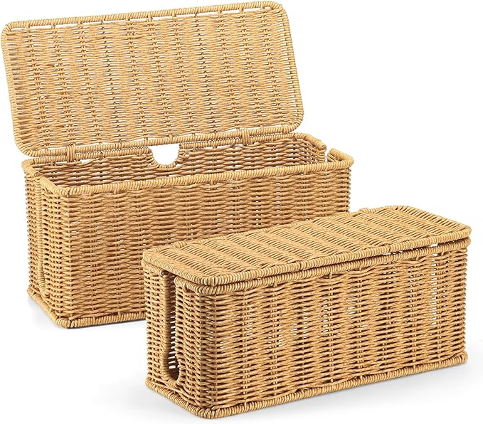 Large Cable Management Box, Handwoven Imitation Rattan Cord Organizer Cord Hider Box, Cable Organizer Box for Desk, Cord Management Box to Hide Cords and Power Strips 13.5" L x 6.2" W x 6" H, Brown