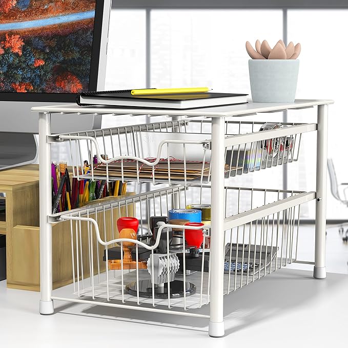 Simple Houseware Stackable Sliding Basket Organizer Drawer, White, 2-Tier