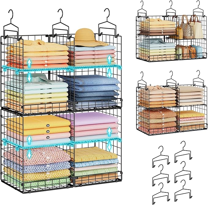 Hanging Closet Organizer with DIY Spacing, Double-Row Closet Hanging Shelves with 4 Adjustable Dividers & 6 Hooks, Heavy Duty Metal Closet Storage Organizer with Front Guard, Split into 2 Units