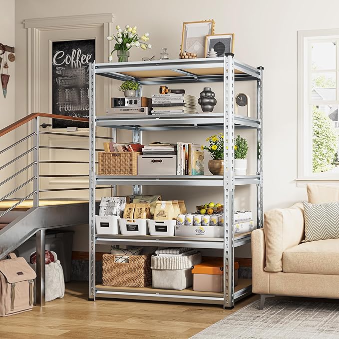 REIBII Garage Shelving, 5 Tier Storage Shelves Load 2400LBS, Adjustable Garage Shelving Heavy Duty, Metal Shelving Unit with Waterproof Columns, 35.5" W x 11.9" D x 72" H, Galvanized, 4 Pack