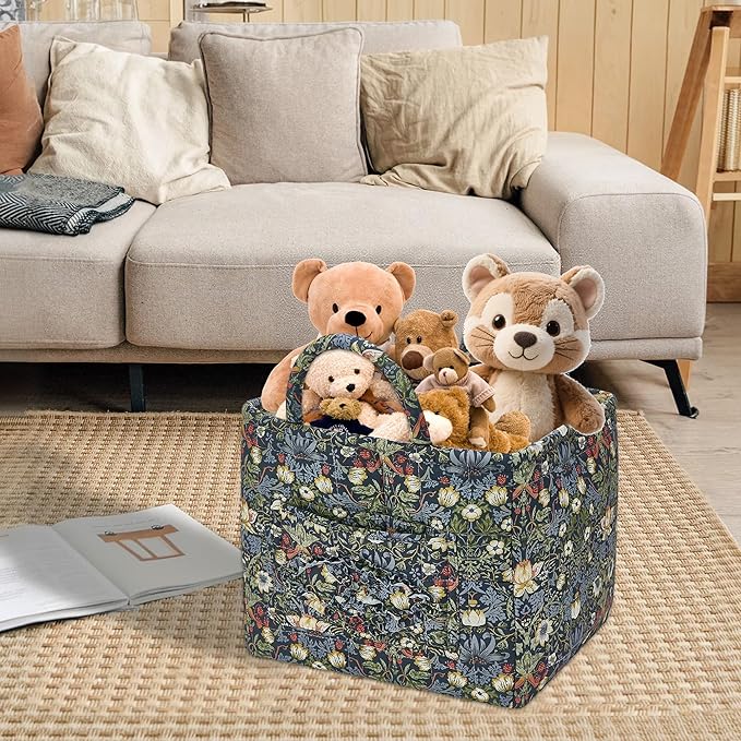 Quilted Fabric Storage Baskets with Handles, Blue