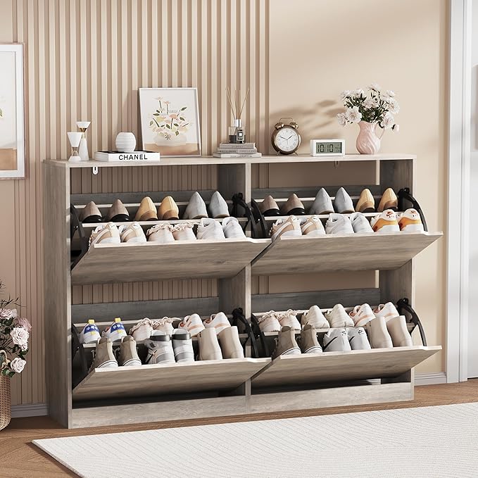 Shoe Storage Cabinet, Wood Shoe Organizer for Entryway with 4 Flip Drawers, Freestanding Shoe Rack with Adjustable Shelf, Narrow Shoe Dresser for Front Door Entrance(Grey, 47.24" x 32.28" x 9.44")