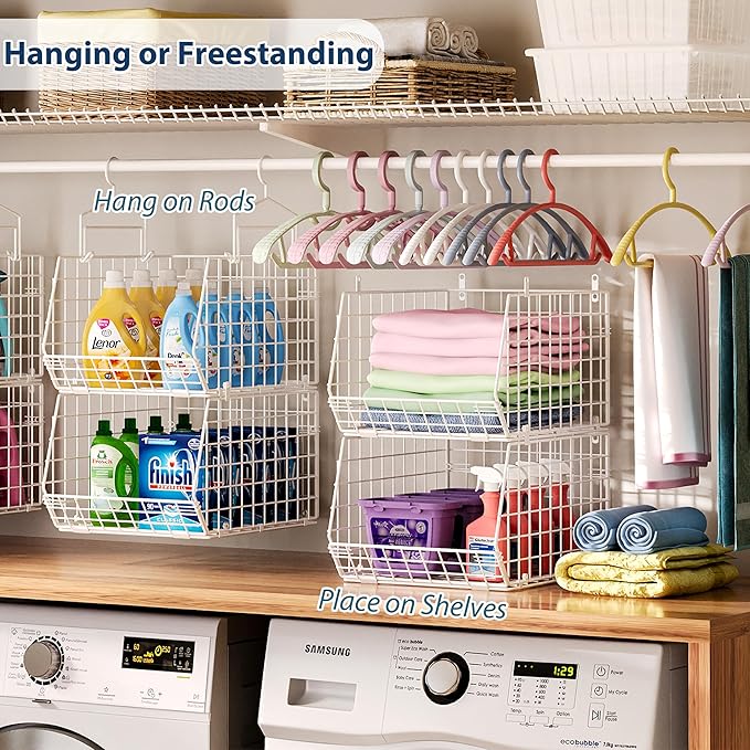 6 Tier Extended Depth Hanging Closet Organizer, Closet Storage Hanging Shelves with Hanging Hooks for Clothes Sweaters Towels Handbags, Stackable Metal Mesh Bins For Closet, Laundry, Bathroom, Dorm