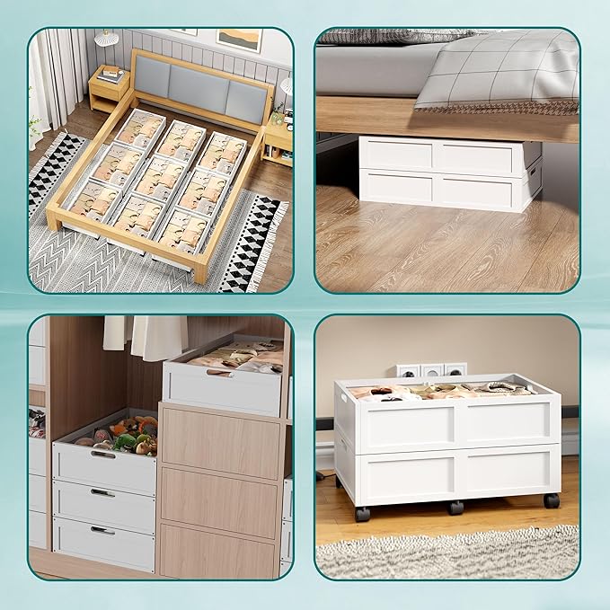 WISUCART Wood Under Bed Storage Containers Underbed Organizer with Wheels Sturdy Wood Rolling Under Bed Shoe Storage Organizer 2 Packs (White, Small)