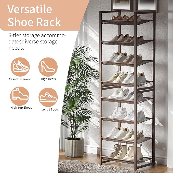 Tall Narrow Shoe Rack, 8 Tier Stackable Shoe Stand for 16-20 Pairs, Heavy Duty Shoe Organizer for Small Space Closet Bedroom, Bronze