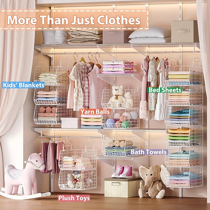 6 Tier Extended Depth Hanging Closet Organizer, Closet Storage Hanging Shelves with Hanging Hooks for Clothes Sweaters Towels Handbags, Stackable Metal Mesh Bins For Closet, Laundry, Bathroom, Dorm