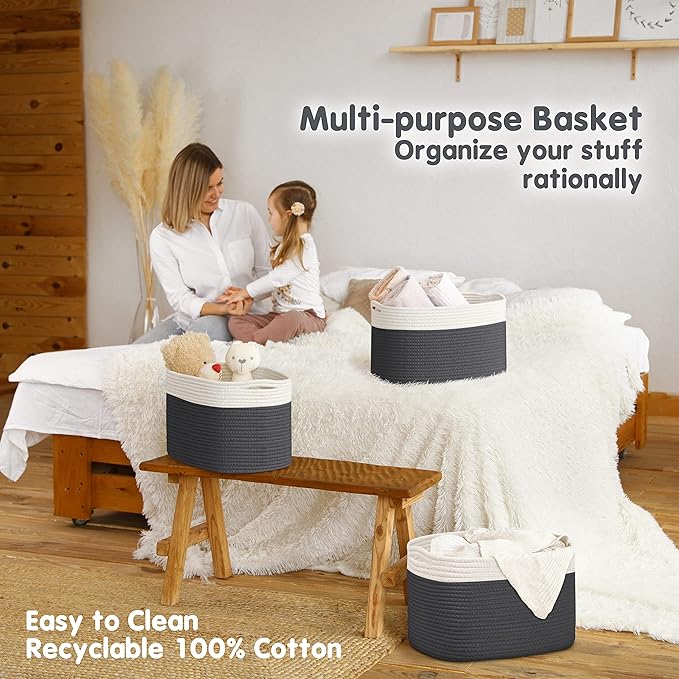 CHAT BLANC Cotton Rope Baskets for Organizing, Shelves, Toys, Storage, Shoe, Bathroom, Laundry, Towel, Nursery, Home Decor, Blanket, Cloth Woven Bins Fabric (Creamy White & Graphite, 15"x10"x9")