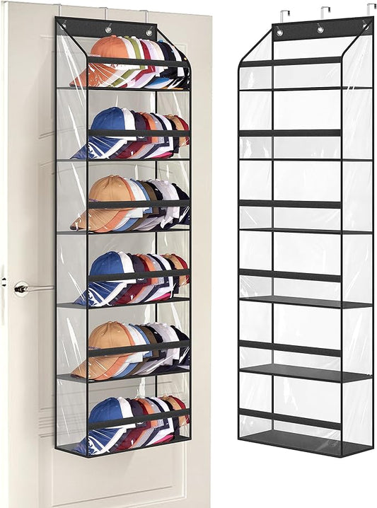AOODA Clear Over The Door Hat Racks for Baseball Caps, Large Holds up to 72 Caps Hat Storage Organizer for Closet Wall, Deep Pockets Hanging Hat Holder with 3 Hooks, Black