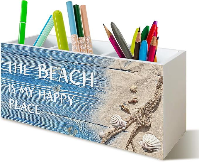 Seashell Coastal Beach Pen Holder for Home Office Kitchen Desk Decor, Beach Wooden Pencil Holder Sign Organizer for Home Office Desk Accessories, Coastal Gifts for Women Men