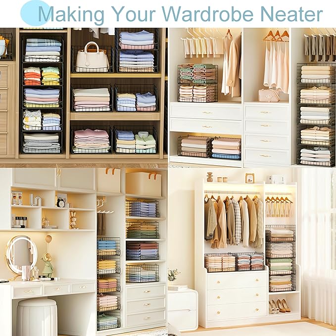 Hongtamoya 5-Tier Stackable Closet Organizers and Storage Shelves, Extend Clothing Closet Shelf Bins for Wardrobe Kitchen Office Bathroom, Clothes Organizer System-Wider Mouth Design, Black