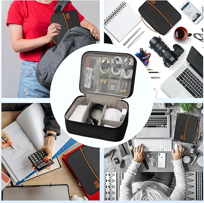 Electronics Organizer, Travel Cord Organizer Pouch, Double Layer-Black