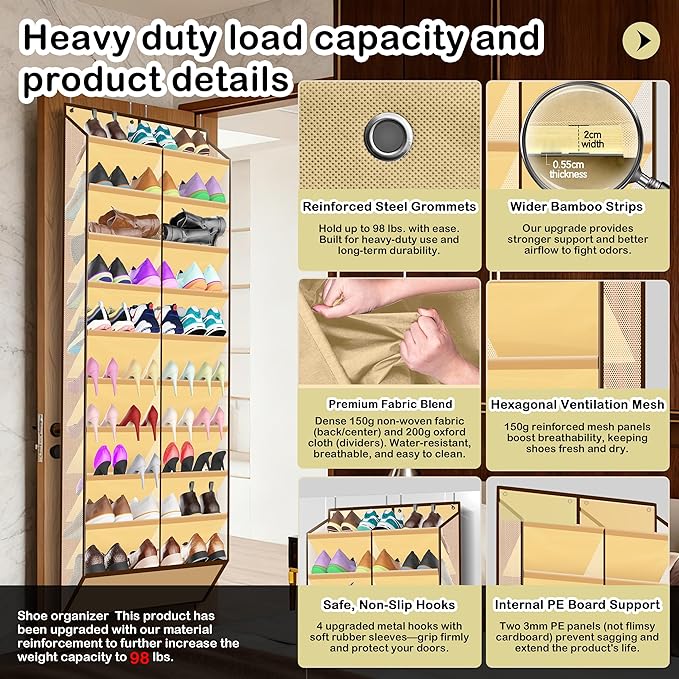 Kotkn 10-Tier Over the Door Shoe Organizer, 20 Pockets Holds 20-30 Pairs, Beige