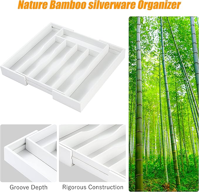 White Silverware Organizer Kitchen Drawer Organizer Expandable Bamboo Utensil